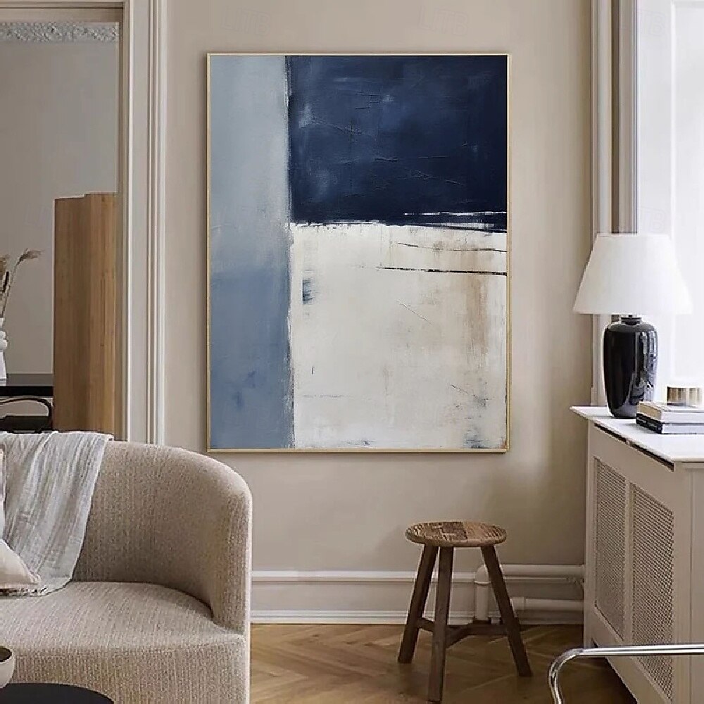 Handpainted White Blue Textured Painting Oversized 3D handmade Abstract Geometric Wall Art painting Large Minimalist black white textured Painting for Living Room bedroom Wall Decor Abstract Art 2025 - $116.99 –P3