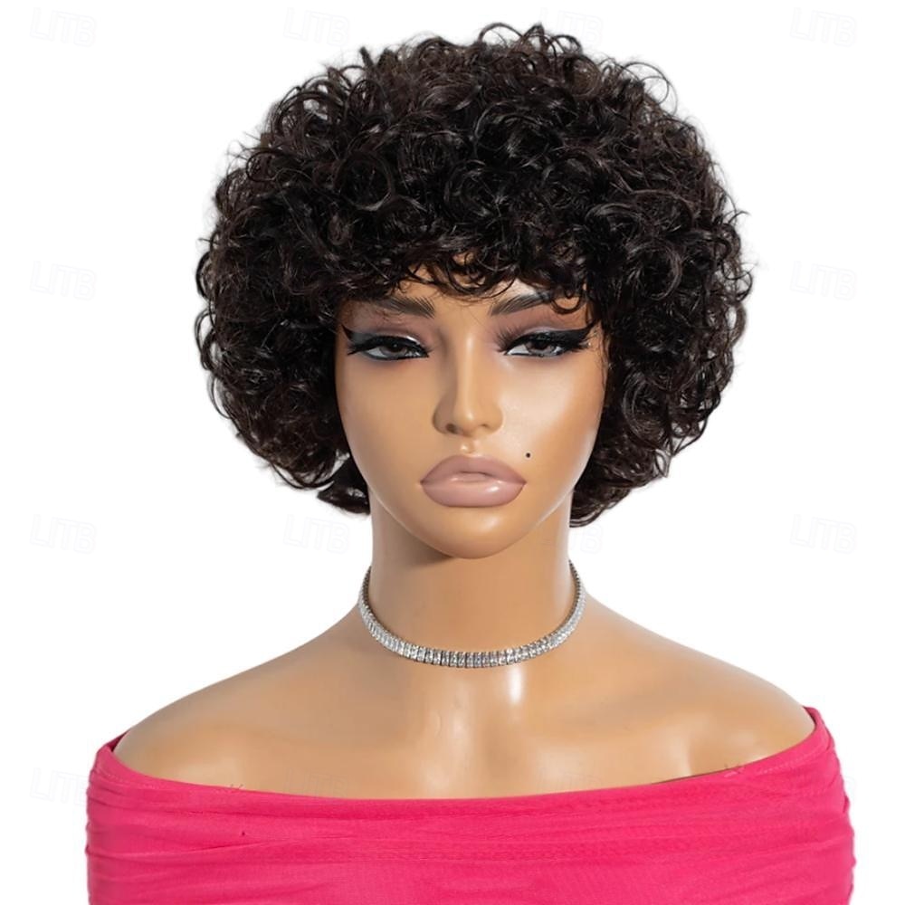 parrucche brasiliane corte pixie afro ricce e crespe per donne parrucca bob castana senza colla con frangia parrucca di capelli umani da 6 pollici del 2025 a $57.99 –P2