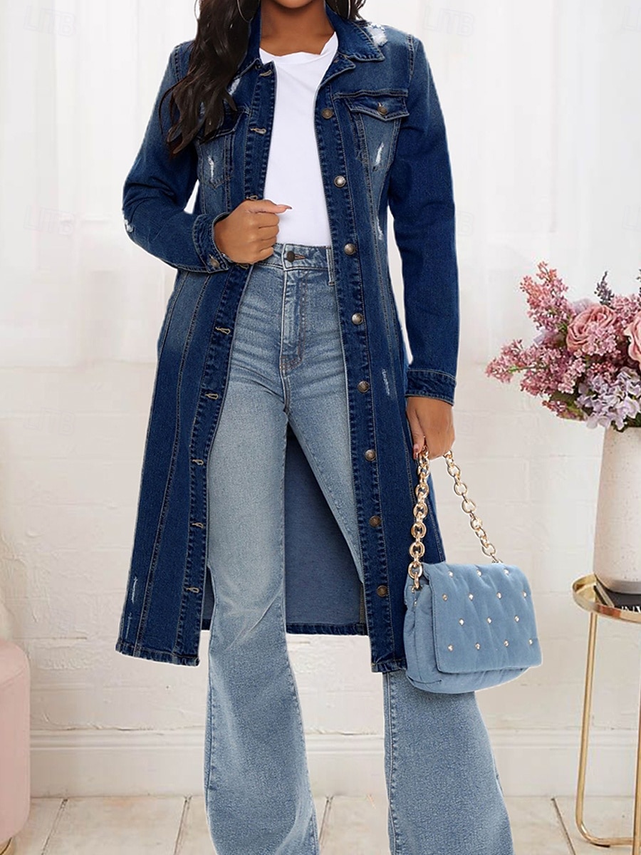 Women's Denim Jacket Outdoor Street Daily Wear Fall Winter Long Coat Regular Fit Thermal Warm Breathable Stylish Casual Jacket Long Sleeve Solid Color with Pockets Light Blue Navy Blue Blue 2025 - AU $153.59 –P1
