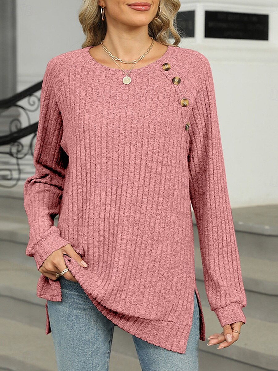 Per donna maglietta Liscio Di tendenza Moderno Informale Manica lunga Girocollo Top regolari Giornaliero Fine settimana Bottoni Rosa Blu Verde Cachi Autunno Inverno del 2025 a $29.99 –P9