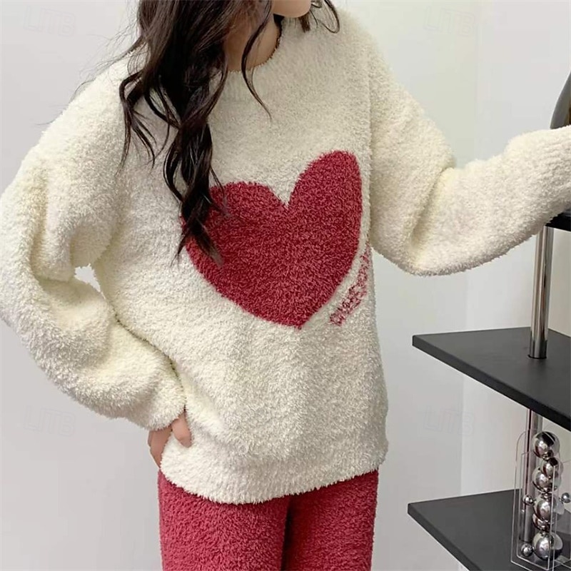 dam pyjamas loungewear 2 delar hjärtvärme komfort hem daglig fleece varm andas rund hals långärmad pullover byxa höst vinter hem outfits 2025 - $42.99 –P2