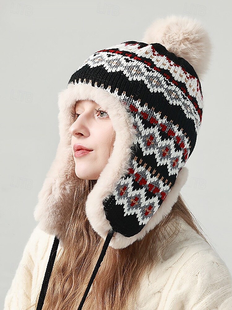 berretto invernale lavorato a maglia con pompon e fodera in pelliccia sintetica - caldo berretto con paraorecchie per donna del 2025 a $18.99 –P1