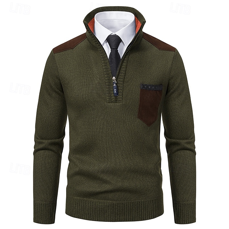 Herre Genser Tykk Strikke Lomme Halv glidelås Helfarge Høy krage Elegant Årgang Formell Hjem Klær Biskop Høst Vinter Rød Navyblå S M L 2025 - $27.99 –P9