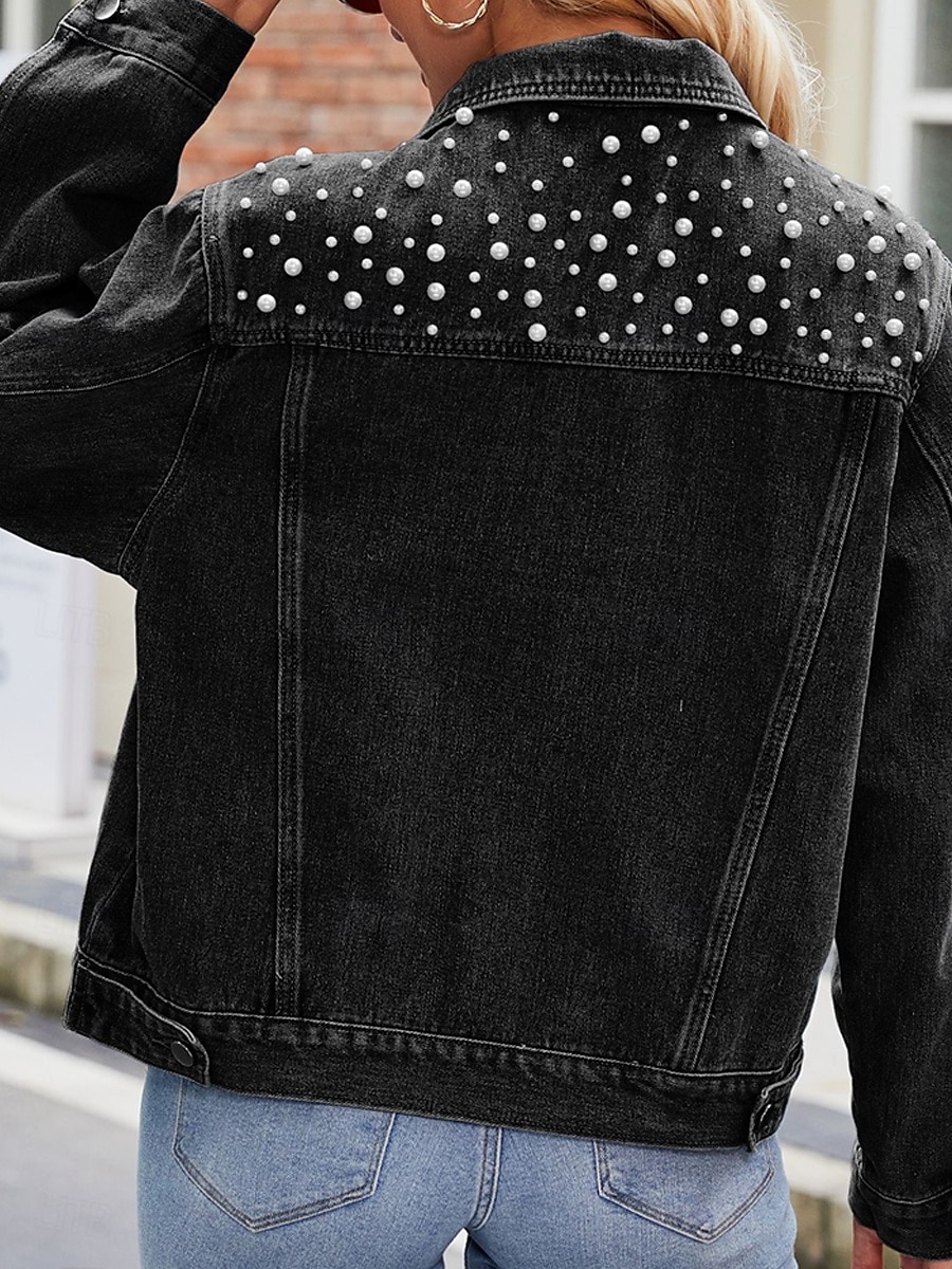 Dam Jeansjacka Utomhus Gata Dagliga kläder Höst Vinter Kort Täcka Normal Håller värmen Andningsfunktion Stylish Ledigt Jacka Långärmad Ensfärgat Med fickor Pärlor Svart Blå 2025 - $62.99 –P2