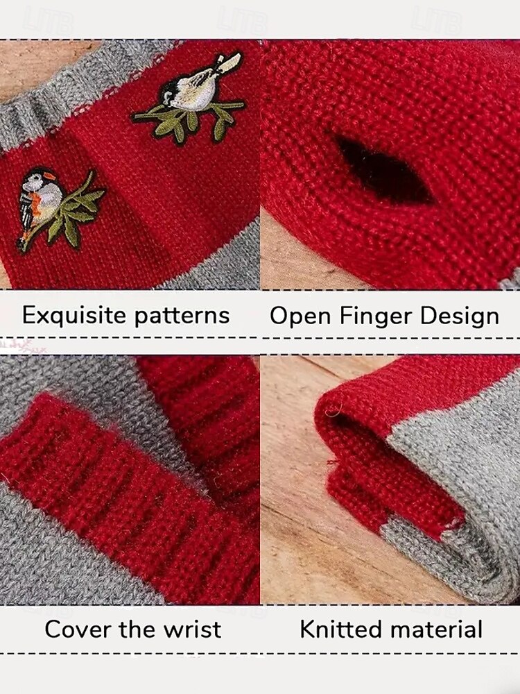 Hand-Knitted Bird Embroidered Fingerless Gloves - Cozy Winter Mittens for Women, Warm Knitted Wool Arm Warmers 2025 - $18.99 –P3