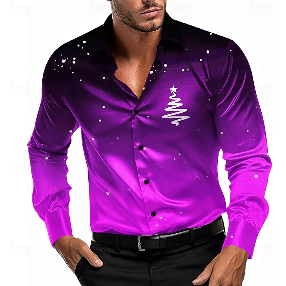Kerstmis Voor heren Ster Overhemd Overhemd met knopen Lange mouw Casual Mode-casual Vakantie Feestavondkleding Dagelijks gebruik Zomer Lente Herfst Overhemden met kraag 3D-afdrukken Zwart Grijs Paars 2025 - $28.99 –P4