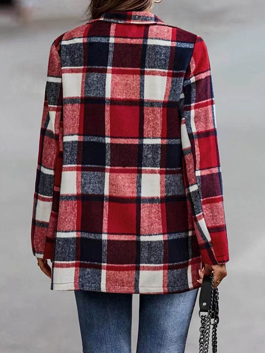 Dam Vardaglig jacka Utomhus Gata Dagliga kläder Höst Vinter Normal Täcka Normal Håller värmen Andningsfunktion Stylish Ledigt Jacka Långärmad Ränder och pläd Med fickor Mönster Rubinrött Fuchsia 2025 - $41.99 –P4