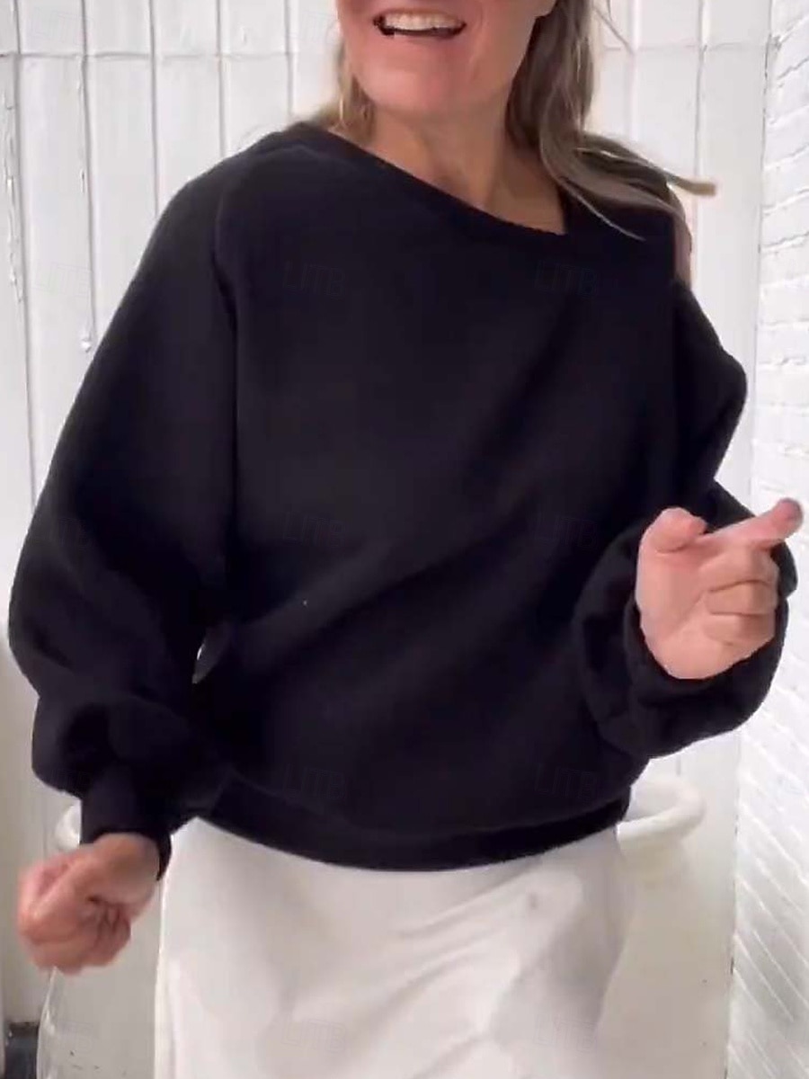 felpa da donna casual semplice strada abbigliamento quotidiano scollo a V manica lunga nero bianco beige autunno inverno del 2025 a $21.99 –P7