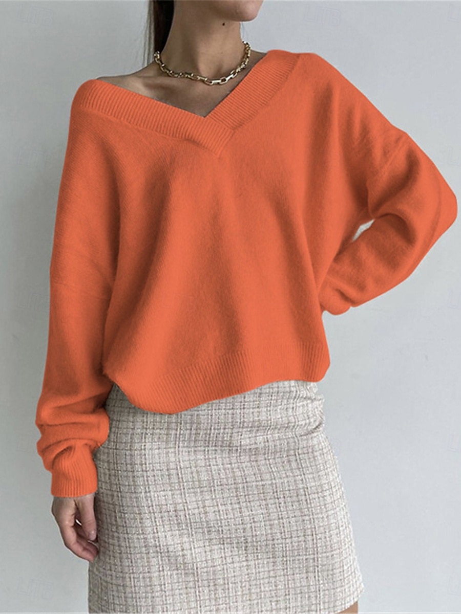 Femmes Pull Occasionnel Doux Couleur Unie Côtelé Col en V Tricoté manche longue Hauts Réguliers Tricoter Extérieur Quotidien Week-end Noir Orange Automne Hiver de 2025 ? $31.99 –P3