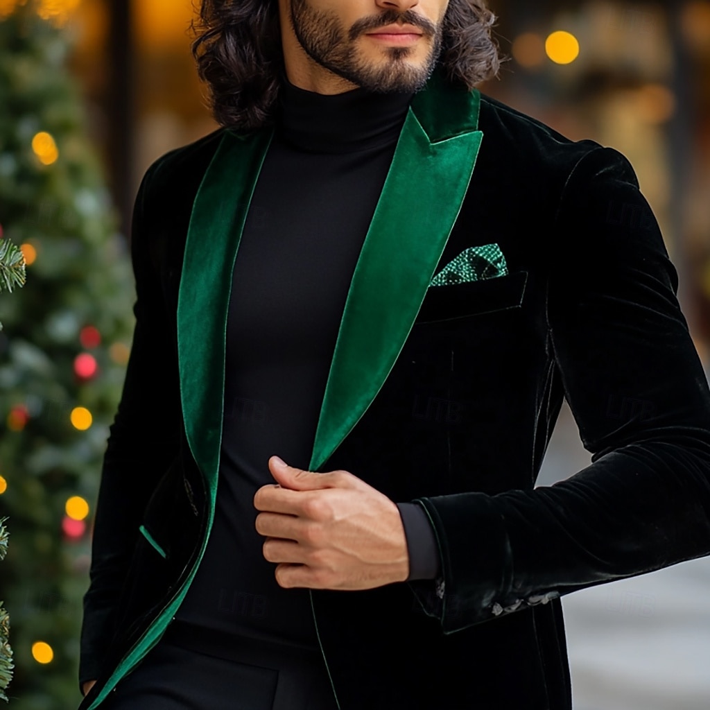 Giacca blazer in velluto per uomo smoking natalizio vintage giacca patchwork nera e verde taglia standard del 2025 a $85.99 –P2