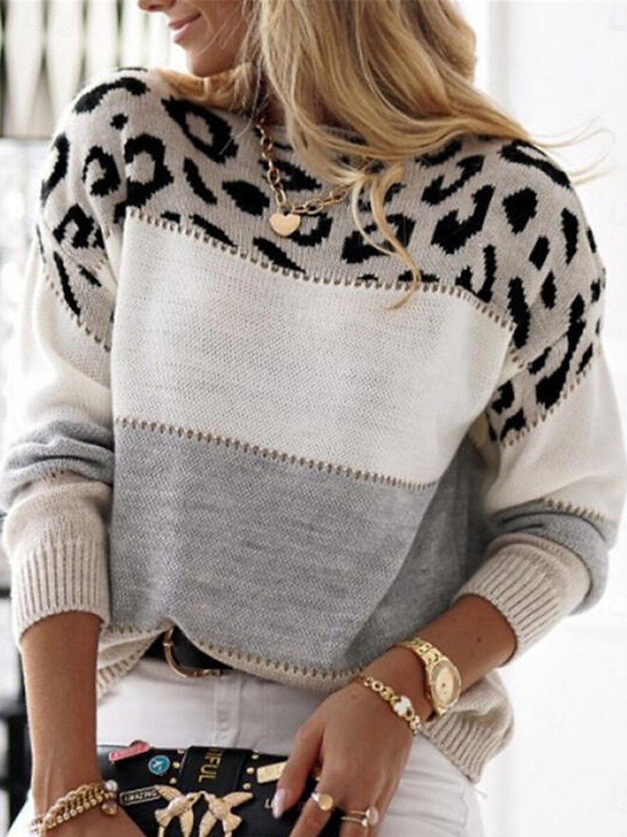 Dame Genser Pullover genser Fritid Myk Leopard Riflet Crew-hals Strikket Trykt mønster Langermet Vanlige topper Strikke utendørs Daglig Helg Gul Rosa Høst Vinter 2025 - $47.99 –P2