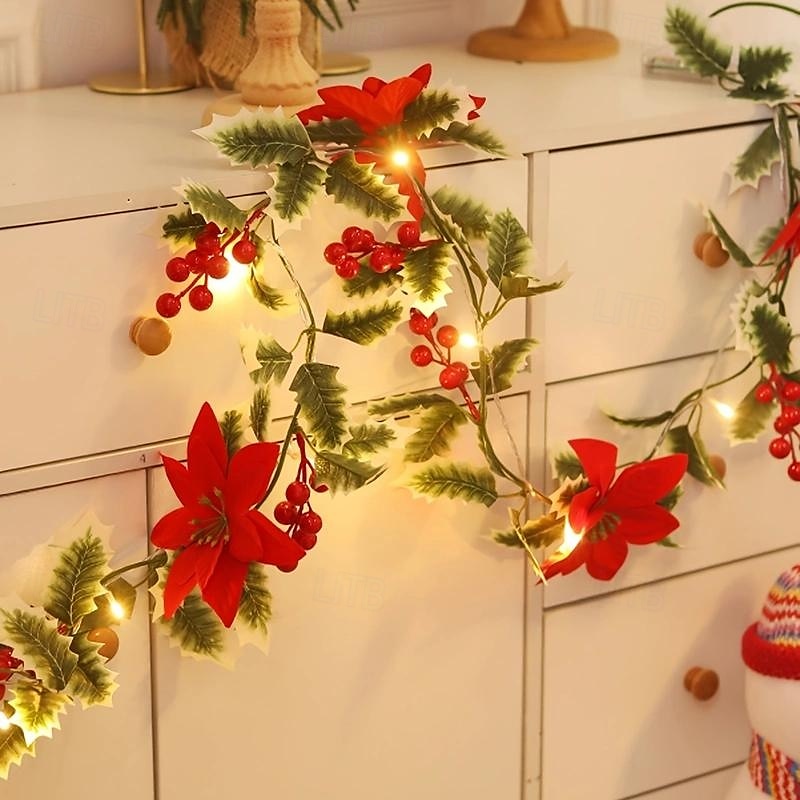 2025年 2m20LEDs 新しいクリスマスフラワーつる真紅のライトストリング 電池ボックス駆動 クリスマス 屋内パーティー お祝いの雰囲気 装飾ライト  コレクション – $15.99 –P1