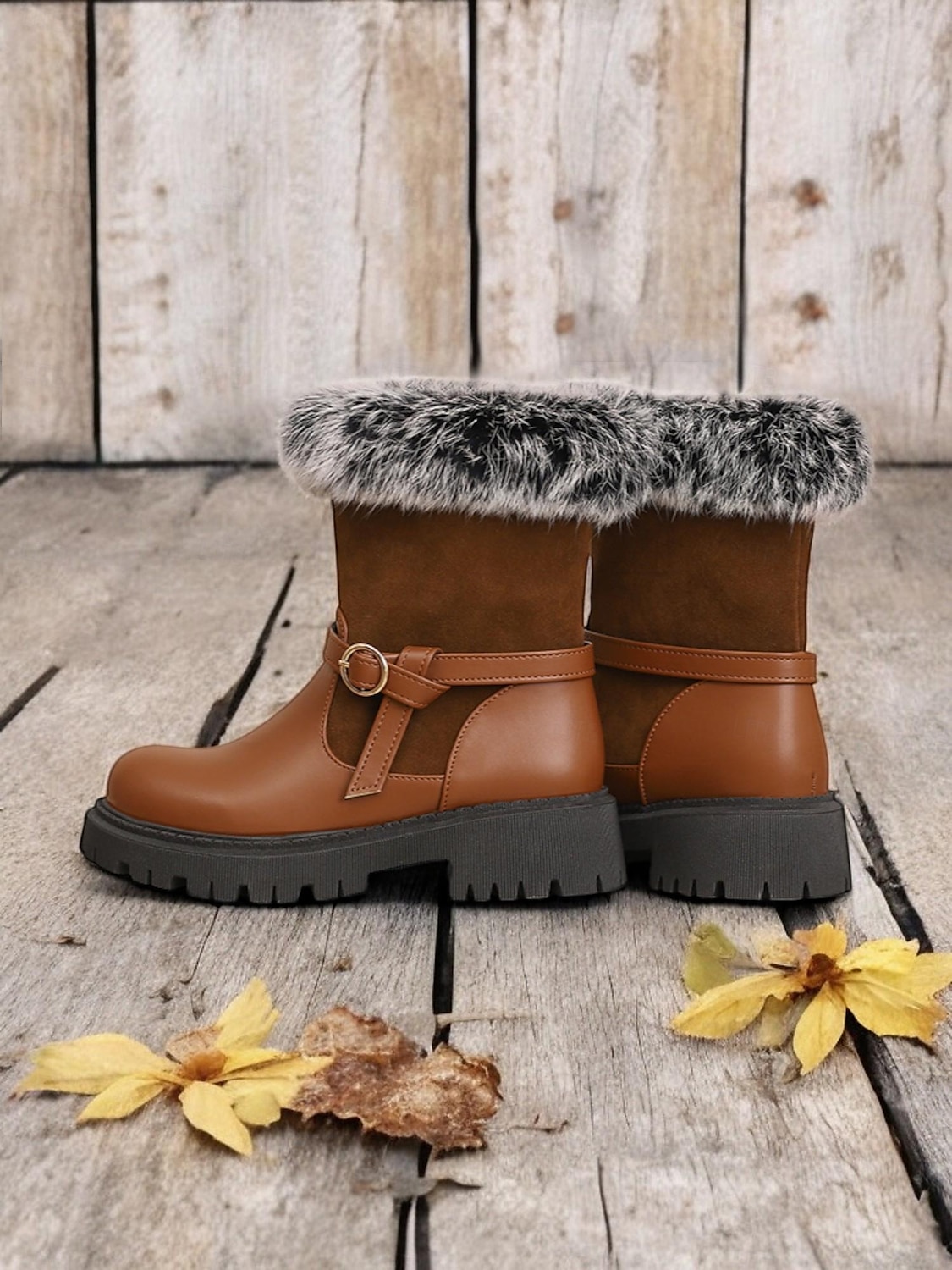 botas de inverno femininas com acabamento em pele sintética – botas de cano curto estilosas e quentes com detalhe de fivela e sola resistente, perfeitas para aventuras ao ar livre em climas frios de 2025 por $59.99 –P9