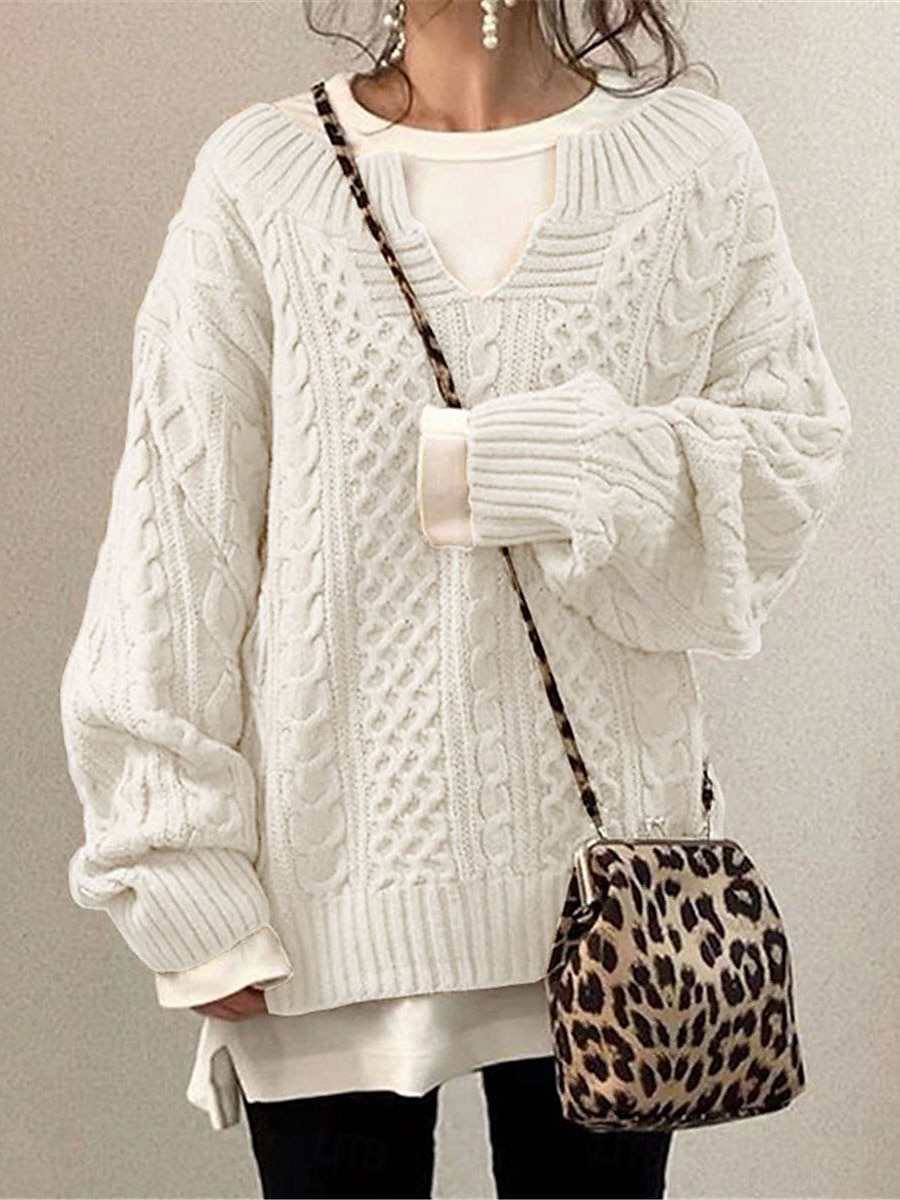 Damskie Sweter Sweter sweter Codzienny Miękkie Czyste kolory Kable W serek Dzianiny Długi rękaw Długie topy Robić na drutach Na zewnątrz Codzienny Weekend Biały Rumiany róż Jesień Zima 2025 - $51.99 –P3