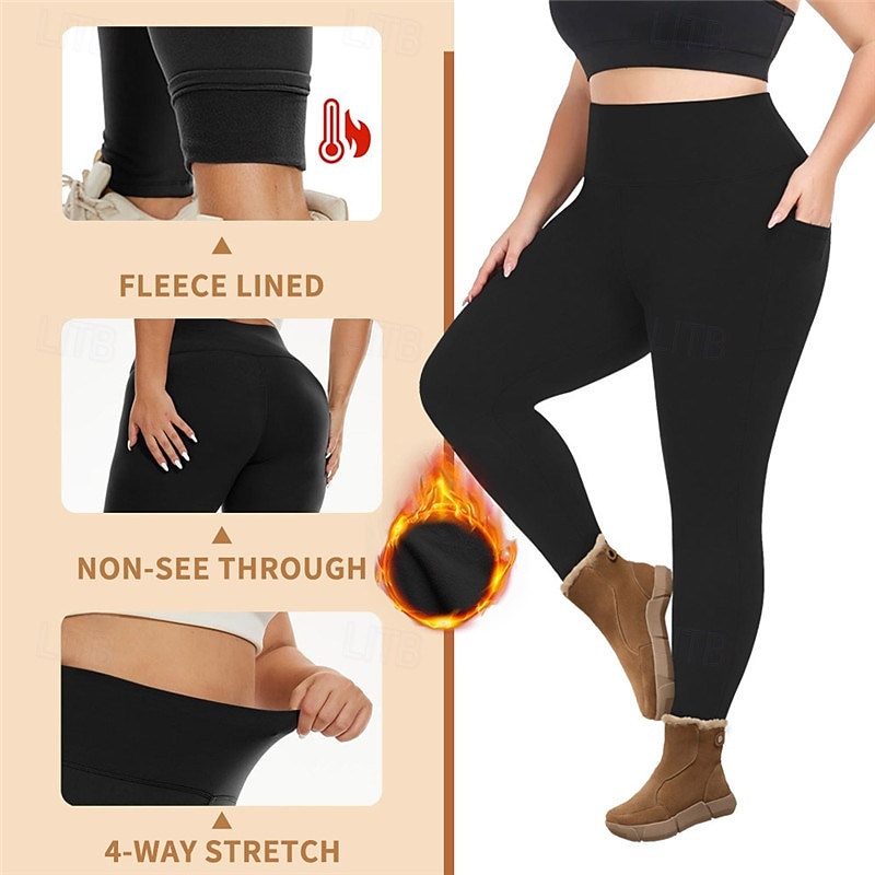 Dame Yogabukser Leggings med fleece Yoga Leggings med telefonlomme Høy Midje Pilates Treningsøkt Trene Strømpebukse Helfarge Mørkegrå Svart Burgunder Spandex Fleece Høst Vinter Store størrelser sport 2026 - $16.49 –P10