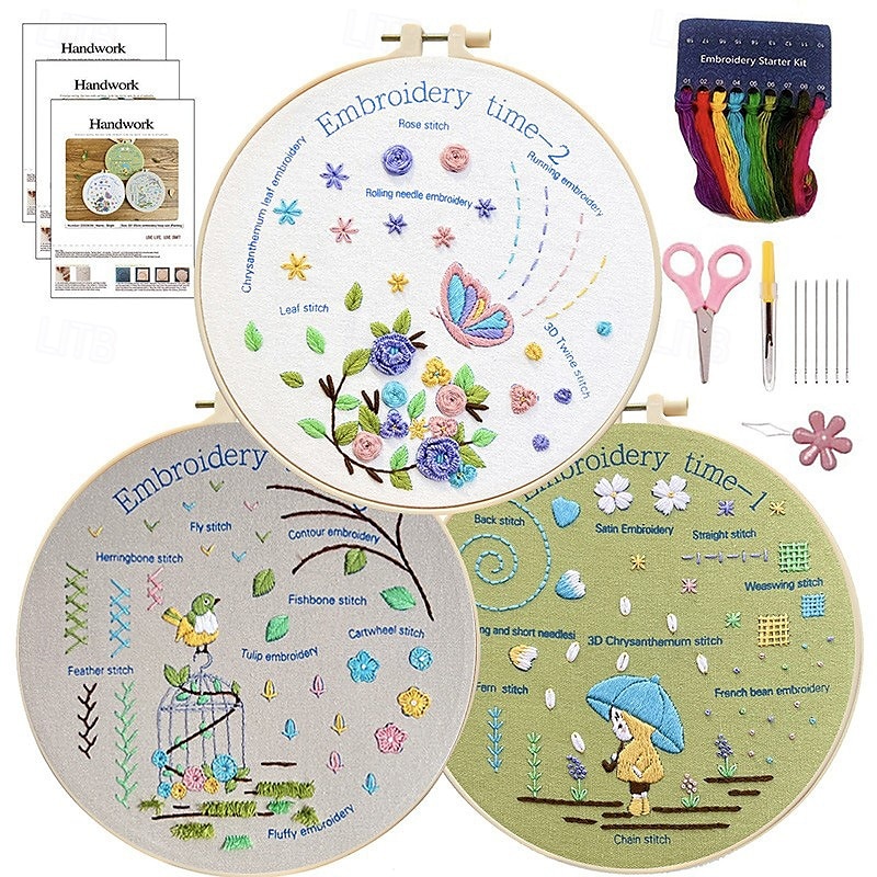 Kit de broderie 3 ensembles pour adultes débutants apprenez 33 points différents kits de bricolage comprenant un cerceau à motifs de fleurs estampées fils de couleur outils faciles à suivre de 2025 ? $24.99 –P3