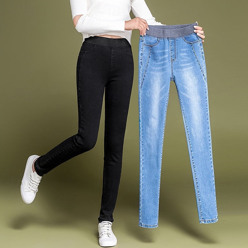 2025年 女性用 標準 ジーンズ ファッション ストリートファッション 全長 ハイウエスト 純色 パッチワーク バットリフト 通気性 ソフト 伸縮性あり オフィス デイリーウェア ライト ブラック ダークブルー 春 & 秋 スリム コレクション – $29.99 –P3