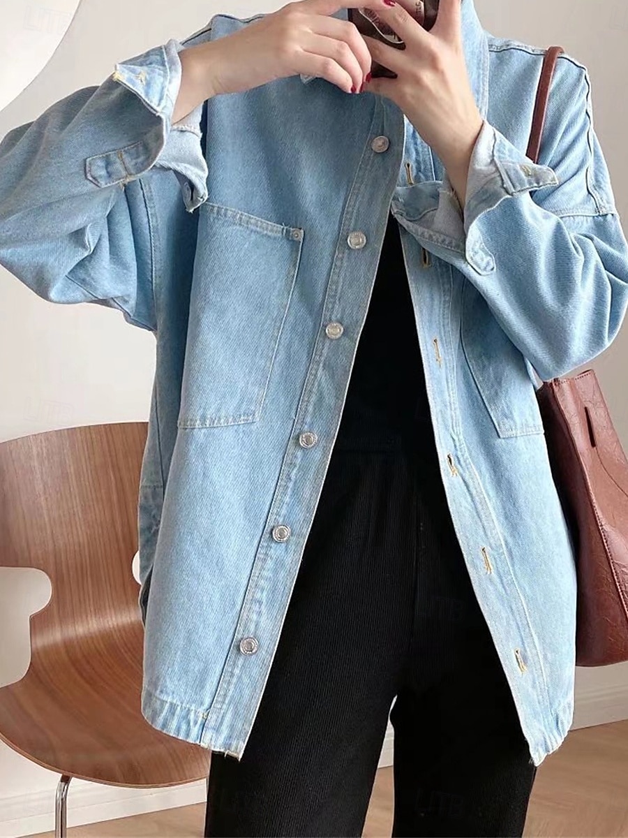 Per donna Giacca di jeans Esterno Strada Da tutti i giorni Autunno Inverno Standard Cappotto Standard Tenere al caldo Traspirante Moda Informale Giacca Manica lunga Tinta unica Con tasche Blu del 2025 a $38.99 –P3