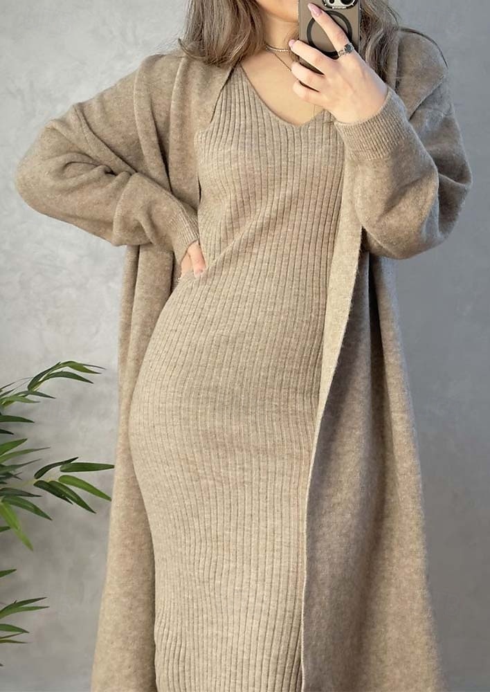 Dam Tröja klänning Tröja koordinater Tröja Set Ledigt Mjukt Ren färg Ribbad Axelband Stickat Långärmad Långa toppar Sticka Utomhus Dagligen Helgen Grön Kaki Höst Vinter 2025 - $77.99 –P5
