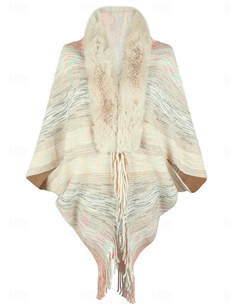 Women's Shrug Casual Soft Rainbow Ribbed Open Front Tassel Knitted Faux Fur Trim Long Sleeve Regular Tops Knit Outdoor Daily Weekend Pink Apricot Fall Winter 2025 - $29.99 –P7