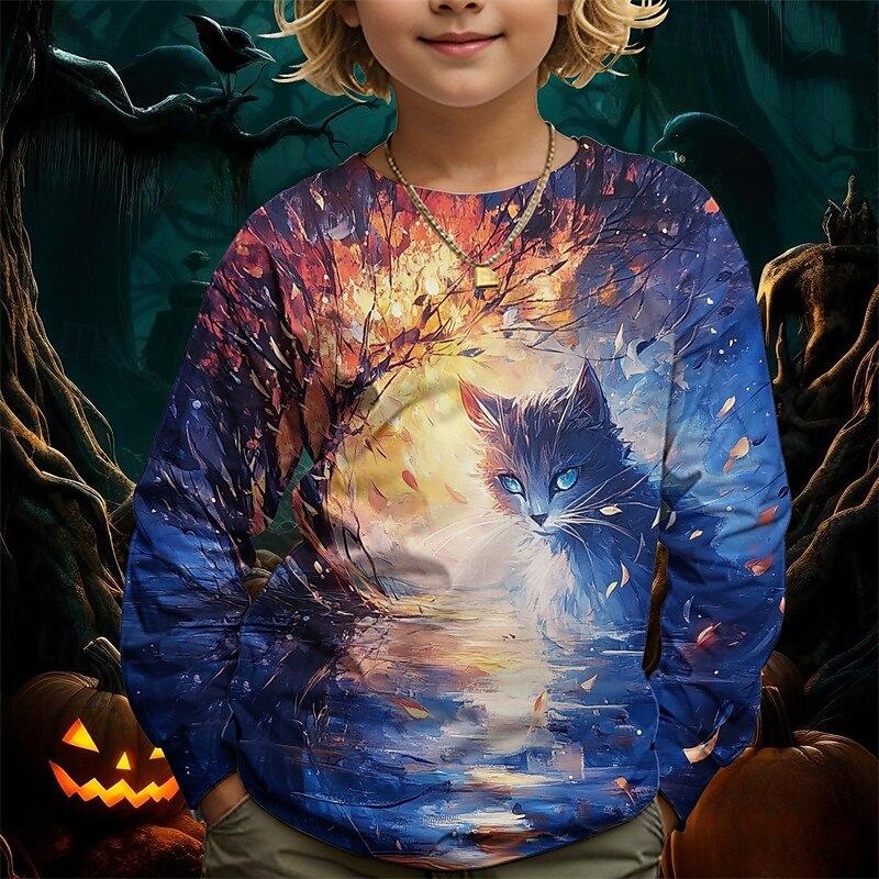 Pojkar 3D Grafisk Katt T-shirt Långärmad Vår Höst Mode Grundläggande Barn 4-12 år Rund hals Utomhus Ledigt Dagligen Normal 2025 - $13.99 –P6