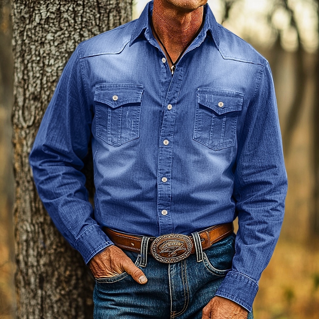 Per uomo Camicia Camicia in calicò Maglietta informale Camicia con bottoni Camicia di jeans Liscio Giornaliero Da mare Blu chiaro Nero Blu Grigio scuro Manica lunga Colletto Primavera estate del 2025 a $31.99 –P4