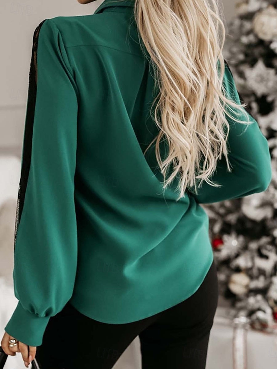 Damen Hemd Bluse Feste Farbe Basic Brautkleider schlicht Langarm Hemdkragen Normale Oberteile Täglich Spitze Gitter Patchwork Schwarz Weiß Grün Herbst Winter 2025 - $32.99 –P3