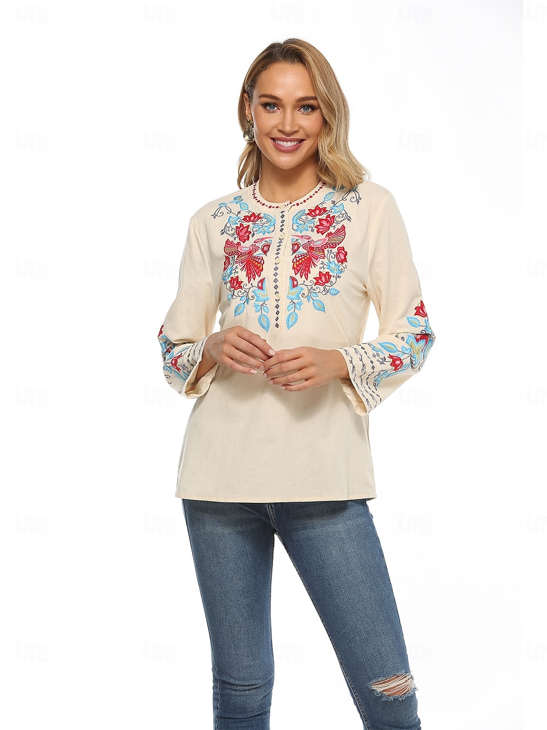 Dam Boho skjorta Linneinspirerade skjortor Blommig Blomma Ledigt Långärmad Biskop Rund hals Hög hals Vanliga toppar Alla hjärtans dag Arbete Dagligen Broderad Beige Vår, Höst, Vinter, Sommar 2025 - $34.99 –P6