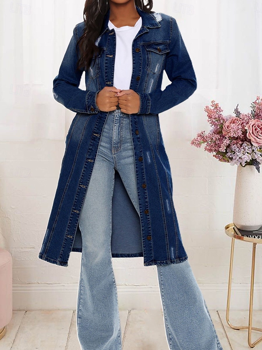 Women's Denim Jacket Outdoor Street Daily Wear Fall Winter Long Coat Regular Fit Thermal Warm Breathable Stylish Casual Jacket Long Sleeve Solid Color with Pockets Light Blue Navy Blue Blue 2025 - AU $153.59 –P3