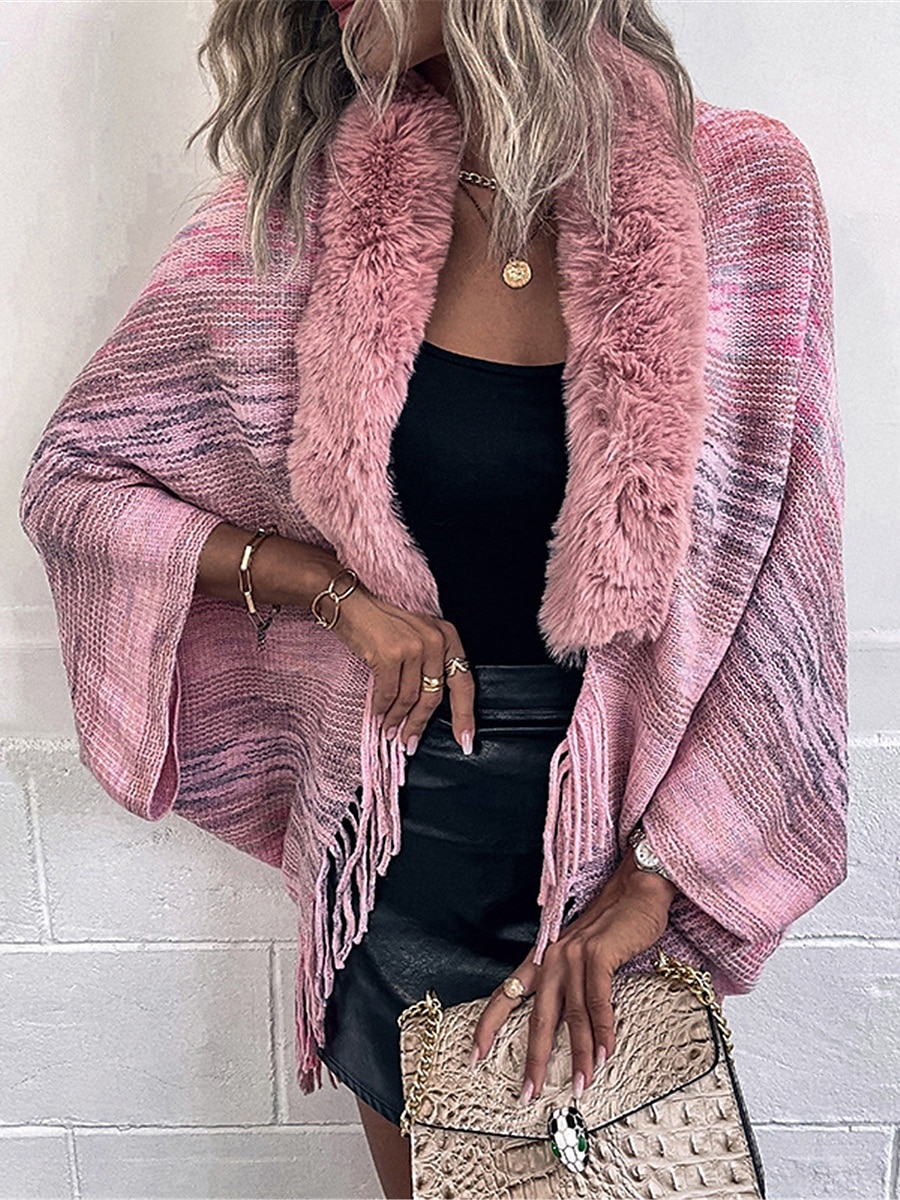 Women's Shrug Casual Soft Rainbow Ribbed Open Front Tassel Knitted Faux Fur Trim Long Sleeve Regular Tops Knit Outdoor Daily Weekend Pink Apricot Fall Winter 2025 - $29.99 –P4
