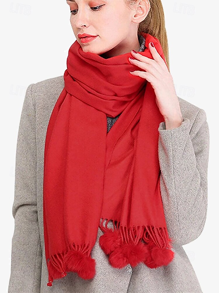 Bufanda roja de invierno para mujer con borlas de pompones: una bufanda acogedora y elegante para el clima frío y los atuendos festivos 2025 - $14.99 –P1
