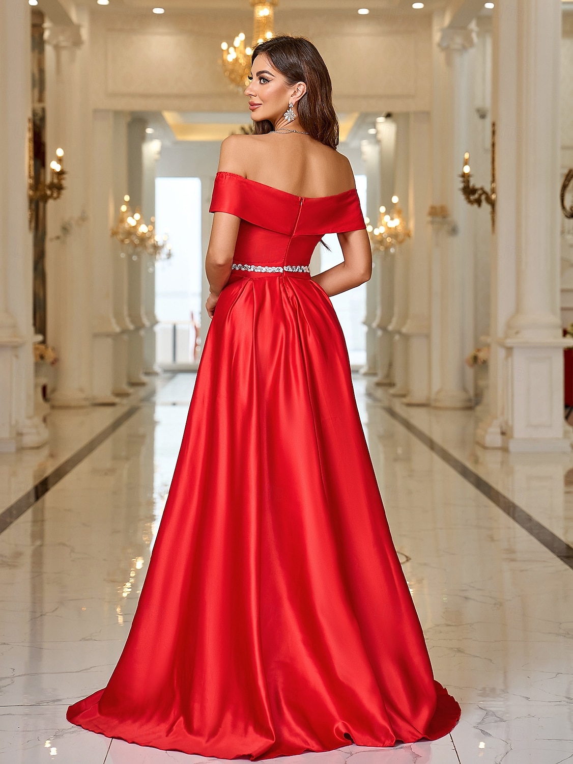 Abito da sera A-Line elegante abito formale strascico  spazzola copertura maniche lunghe off-shoulder tasca satin con strass del 2025 a $118.99 –P2