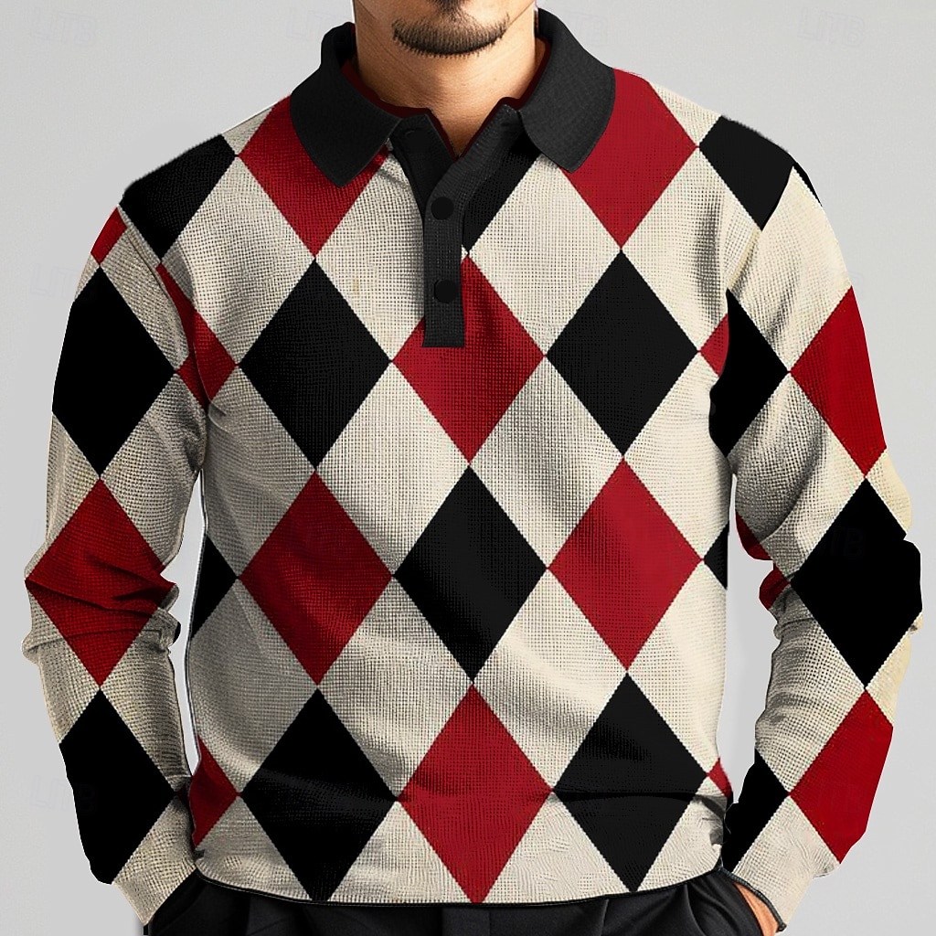 Voor heren Ruitjes Wafel Poloshirts Golfshirt Lange mouw Poloshirt Overhemden met kraag Vintage Casual Vakantiekleding Formele kleding Festivalkleding Knop 3D-afdrukken Lente Herfst Winter Multi Color 2025 - $23.99 –P1