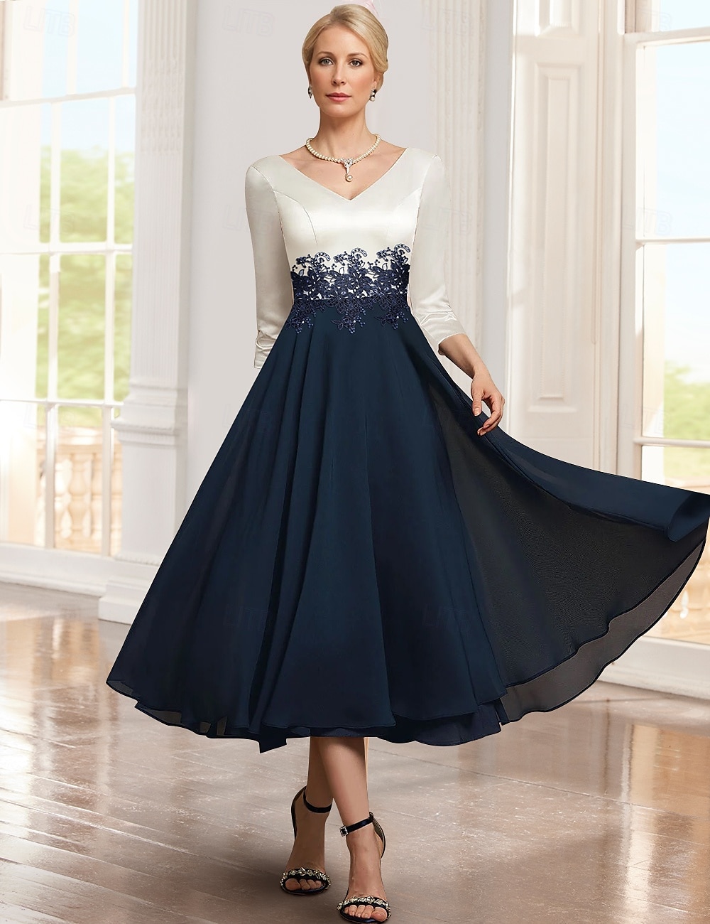 Dress Mother of the Bride Dress Wedding Guest Church Elegant V Neck Tea Length Chiffon Satin Cap Sleeve Jacket Dresses with Lace Color Block 2024 2024 - GBP £125 –P1