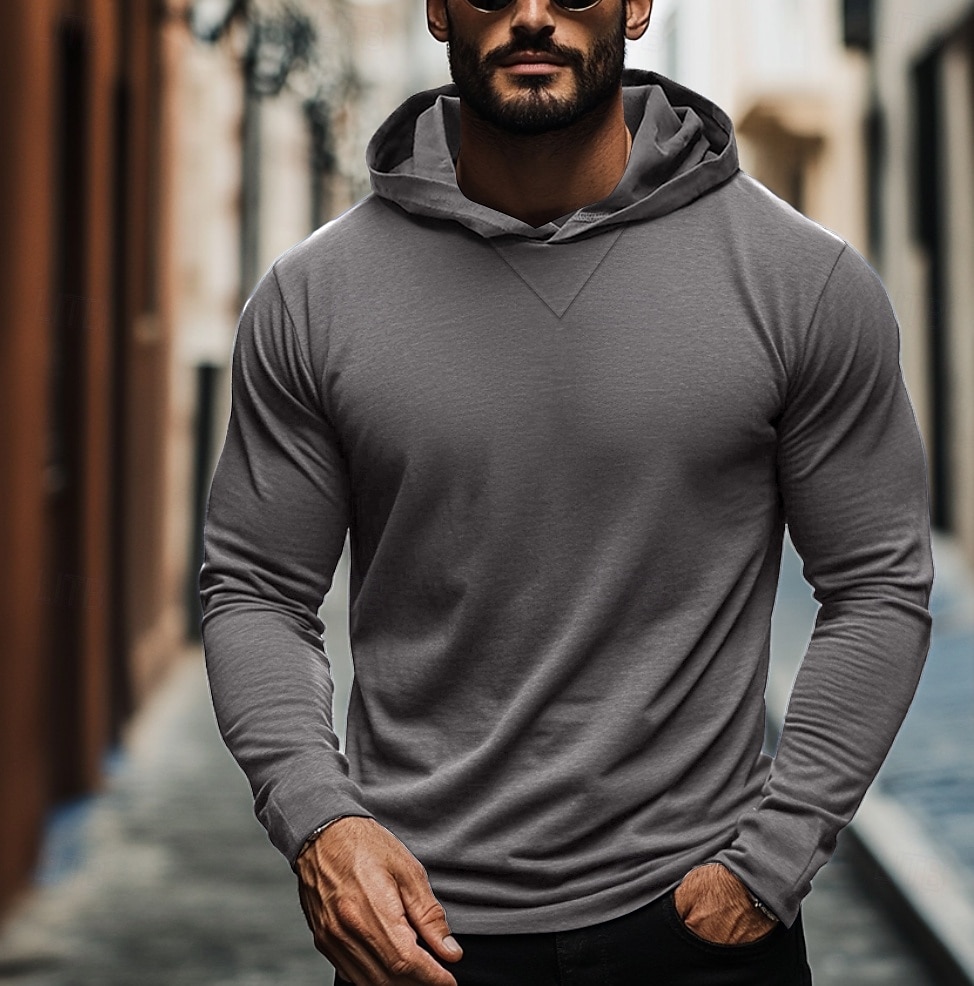 Homens Camiseta T-shirt Manga Longa Com Capuz Verão Tecido Moda Designer Básico Com Capuz Férias Rua Para Noite Cinzento Escuro Preto Branco Top Tee para Homens de 2025 por $20.99 –P1