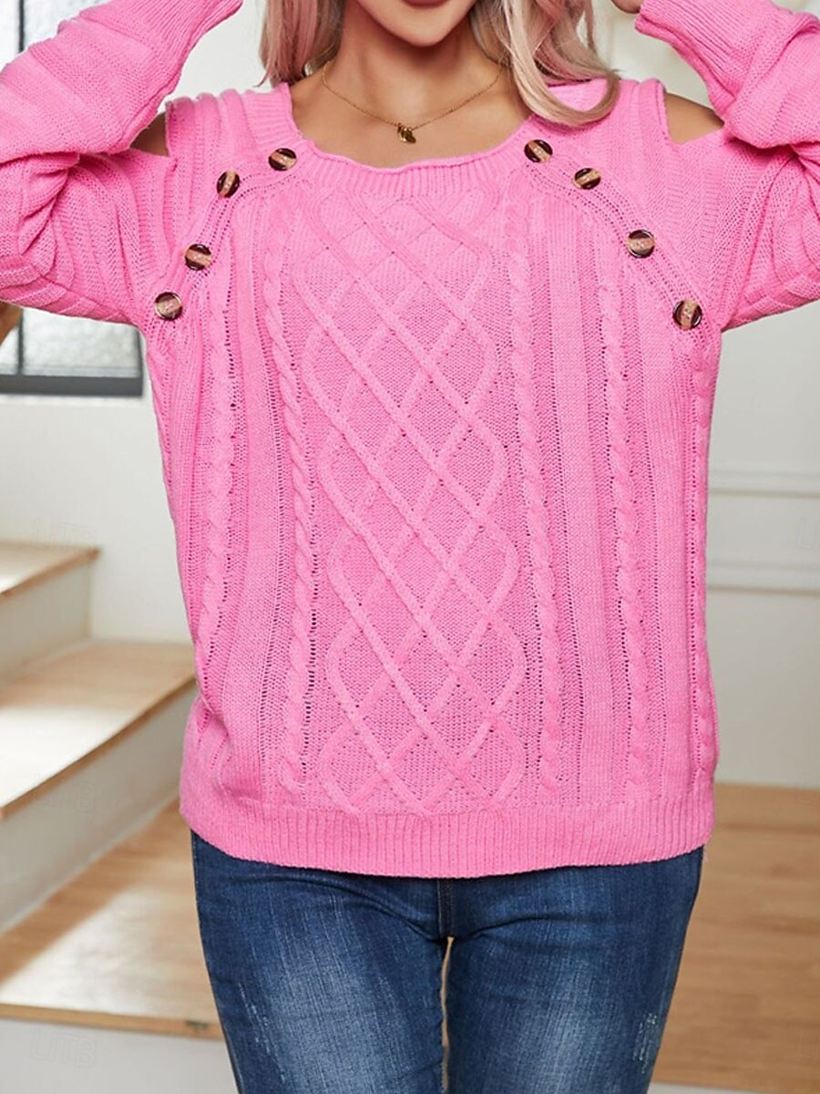 Dame Genser Pullover genser Fritid Myk Ren farge Kabel Crew-hals Knapper Strikket Kald skulder Langermet Vanlige topper Strikke utendørs Daglig Helg Hvit Fuksia Høst Vinter 2025 - $29.99 –P10