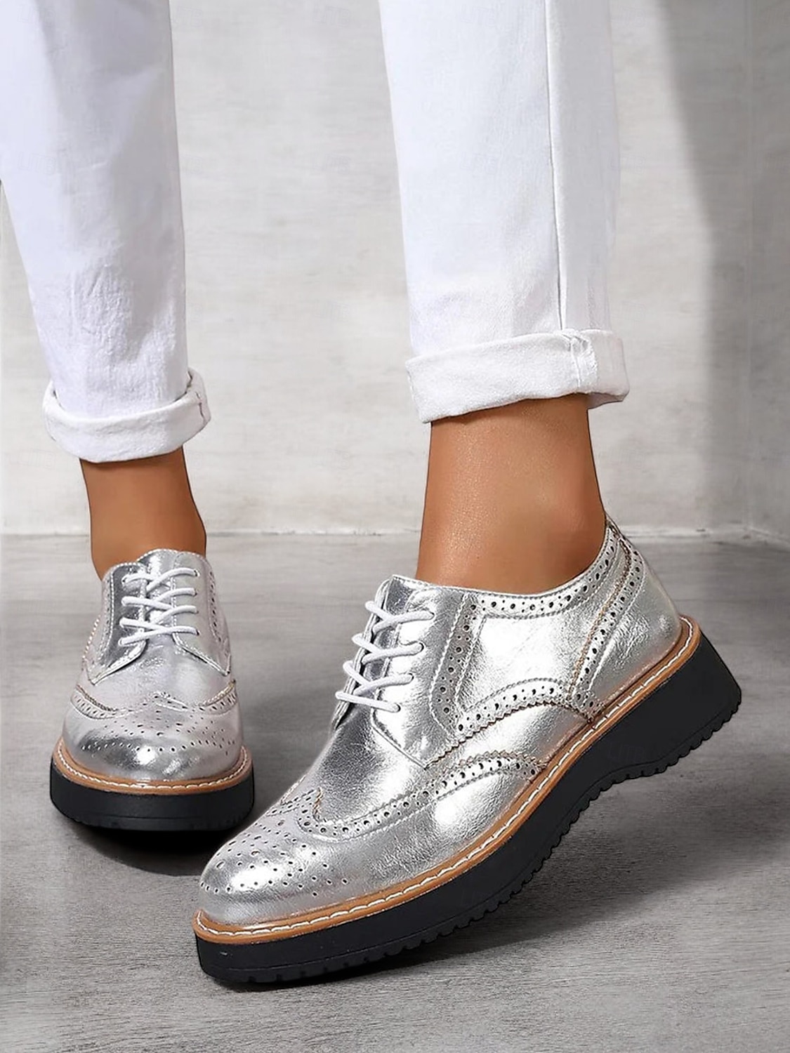scarpe brogue oxford rosa metallizzato da donna con punta a coda di rondine, scarpe casual eleganti con lacci per feste ed eventi di moda del 2025 a $46.99 –P6