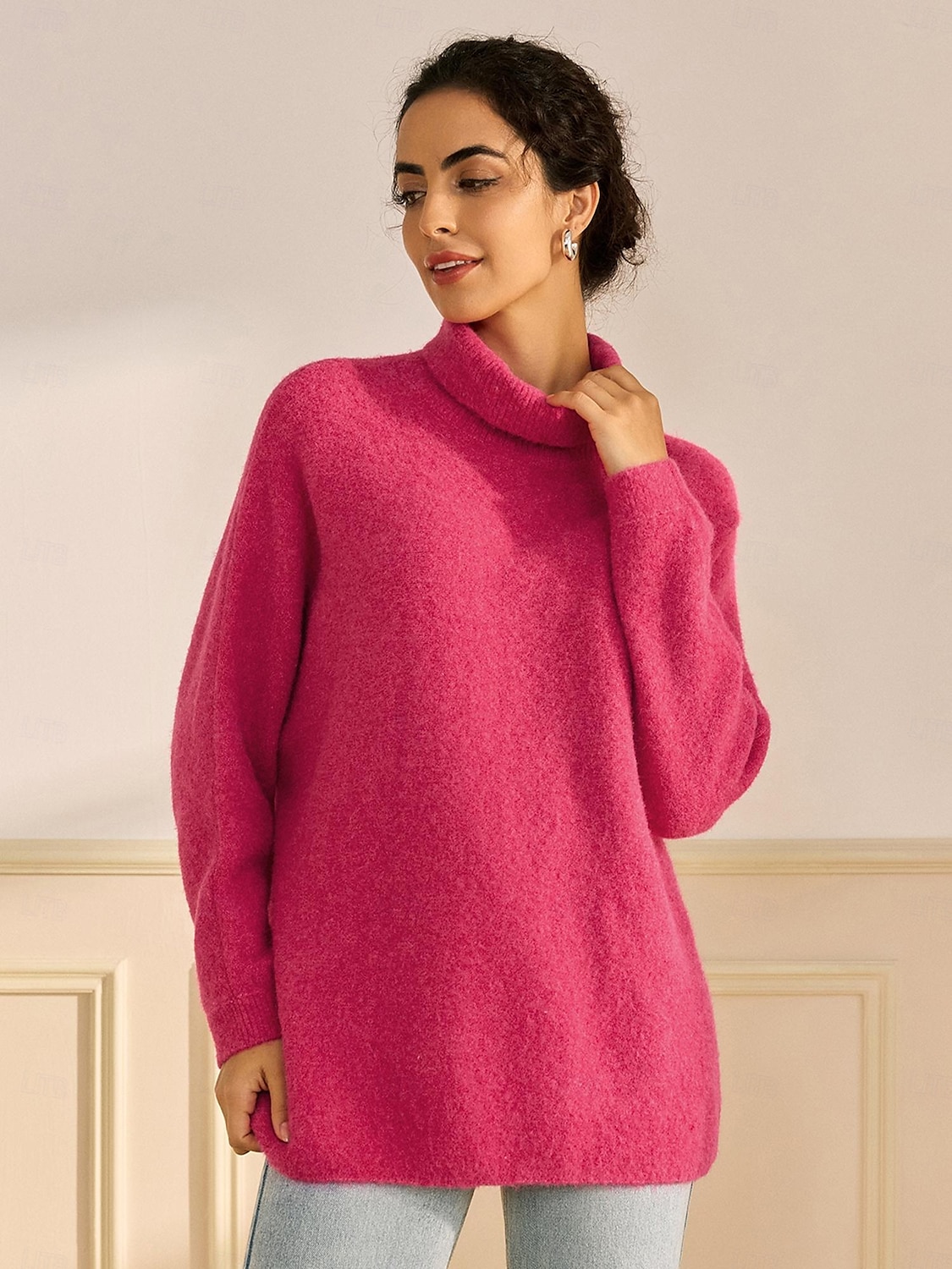 turtleneck ribbestrikket ullblanding drop shoulder flaggermusermet genser 2025 - $72.99 –P1