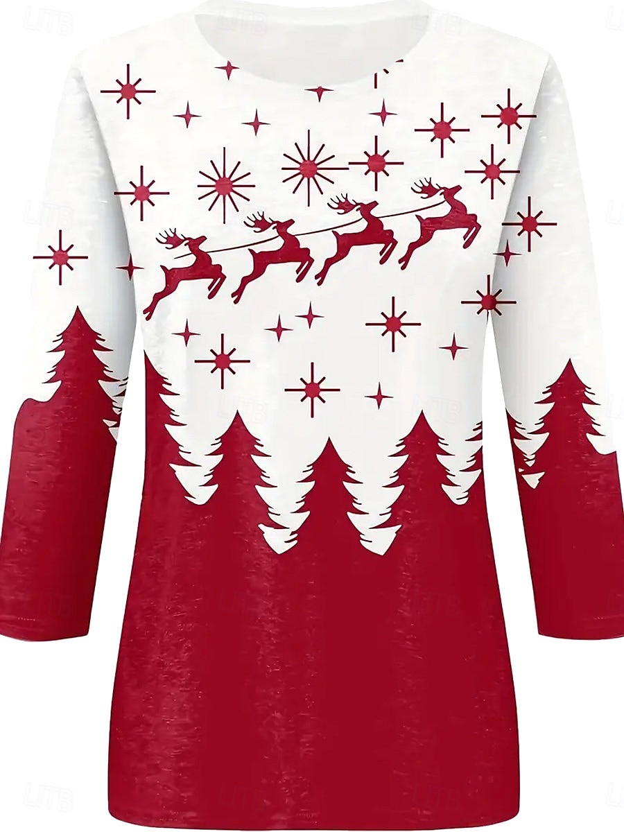 Camiseta de mujer con estampado de renos, pinos y estrellas, manga larga, cuello redondo, rojo, blanco, informal, festivo, ropa de fiesta 2025 - $22.99 –P2