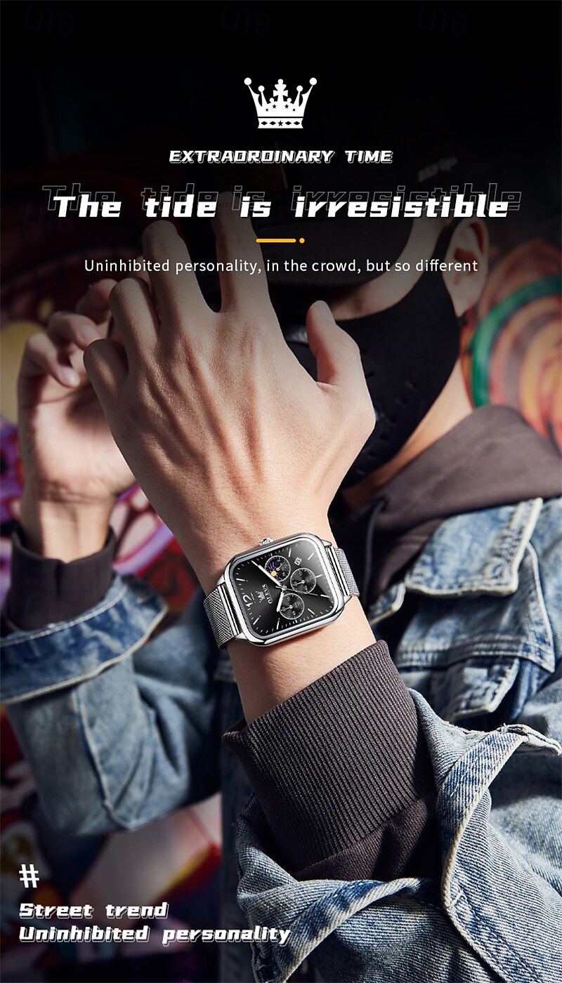 nouvelle marque olevs olevs tendance montres pour hommes cadran carré calendrier lumineux des phases de lune multifonction ceinture en maille à trois yeux montre à quartz à phases de lune de 2025 ? $29.99 –P17