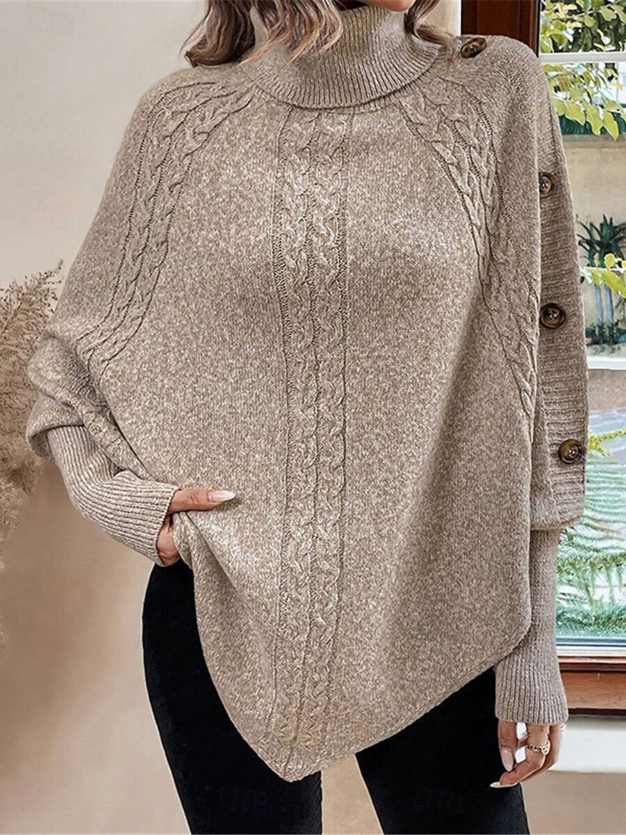 Dam Tröja Pullover tröja Ledigt Mjukt Ren färg Ribbad Polokrage Knappar Stickat Fladdermusärm Långärmad Vanliga toppar Sticka Utomhus Dagligen Helgen Kaki Höst Vinter 2025 - $51.99 –P6