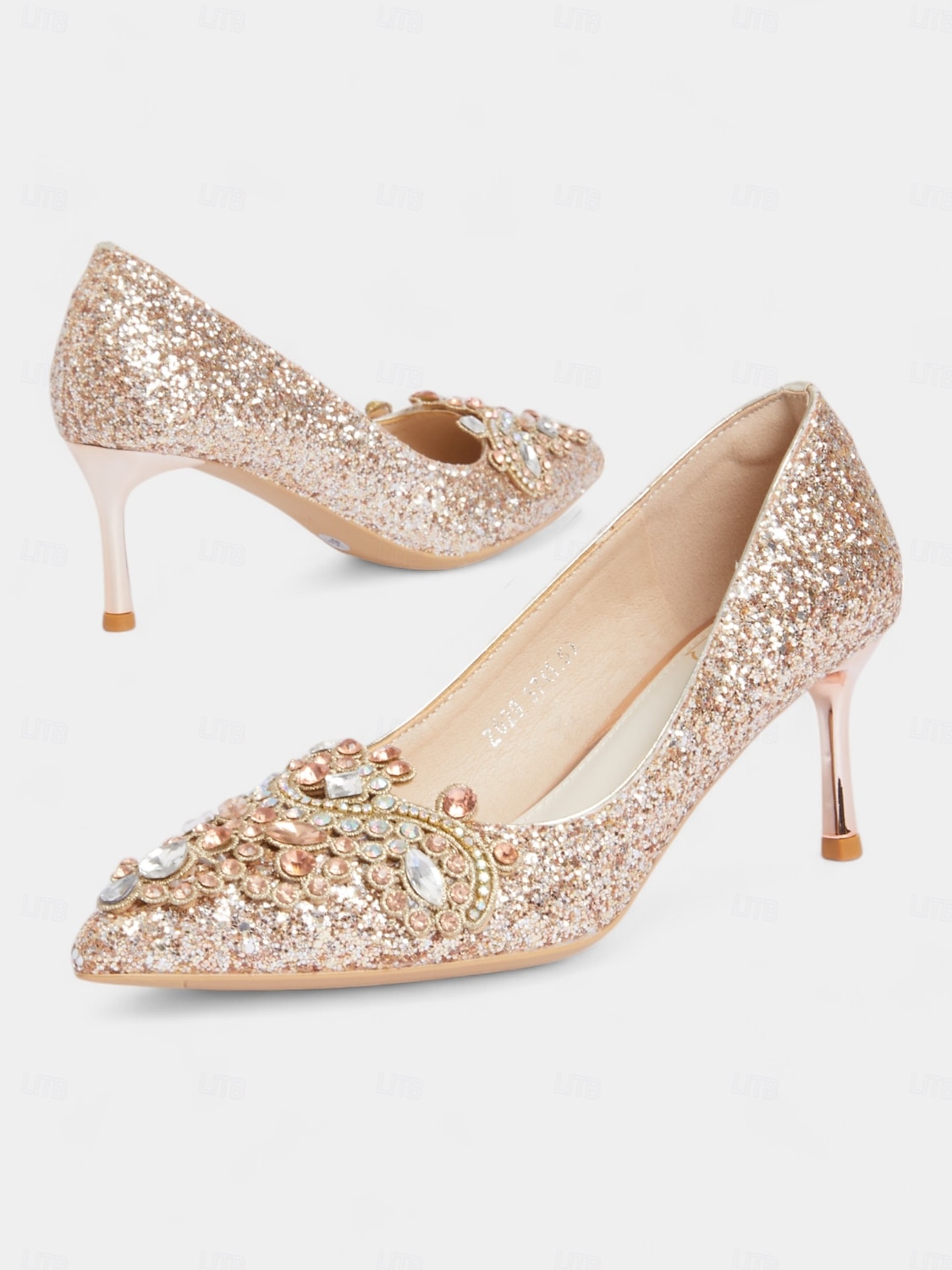 Pantofi cu toc de mireasă cu sclipici auriu și șampanie, pantofi stiletto cu cristale pentru nunți de lux și de seară 2026 - $59.99 –P1