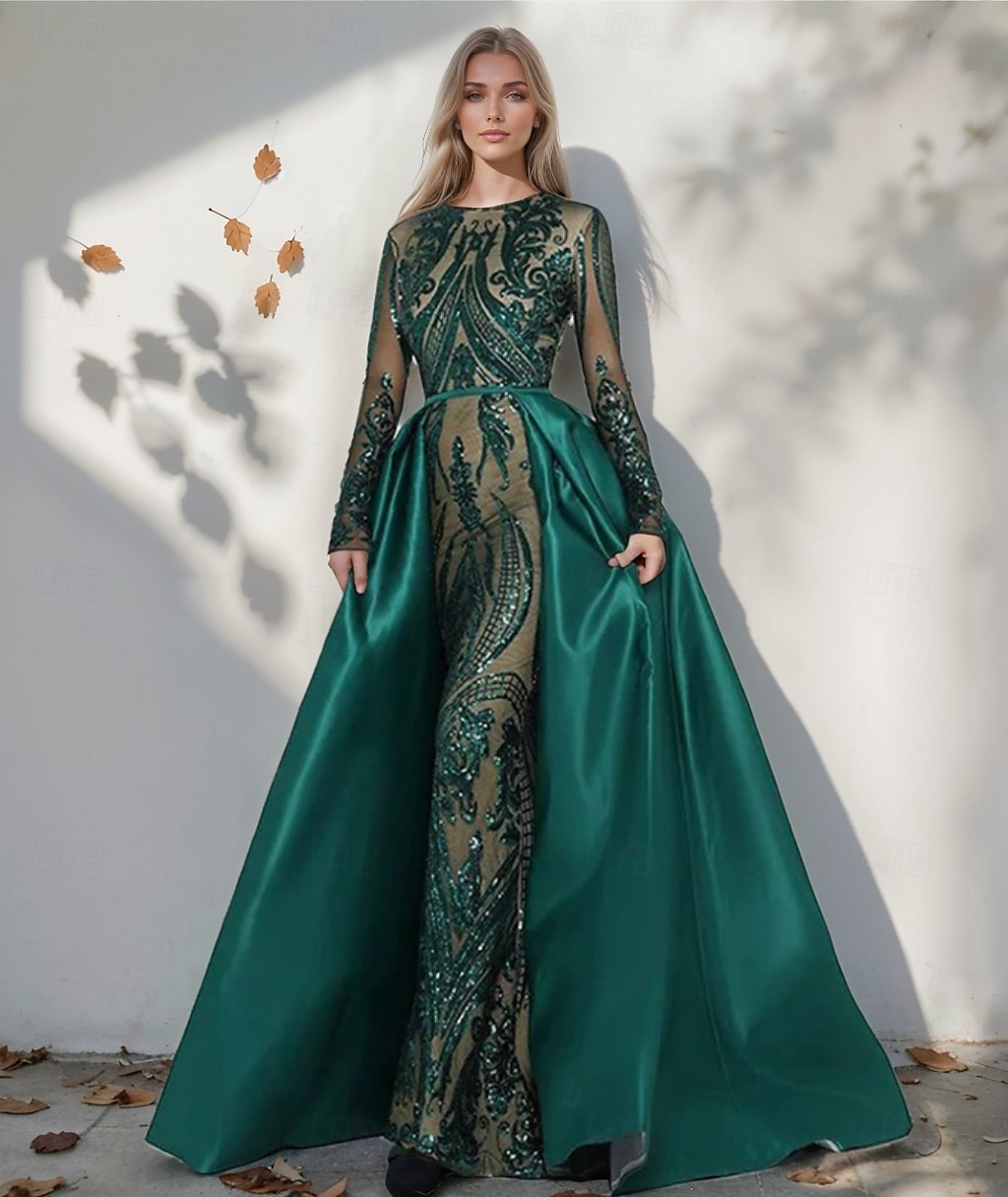 Green A-Line Evening Gown  Satin Elegant Dress Formal Christmas Floor Length Long Sleeve Boat Neck Detachable with Floral Print Slit Appliques 2024 2024 - GBP £104 –P2