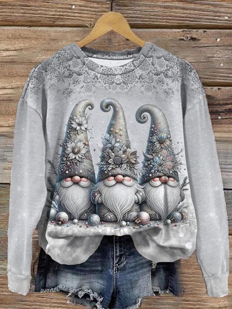 Sweatshirt pour femmes Hiver Vacances Imprimé Gnome Manches longues Col rond Motif flocon de neige Festif Décontracté Confort Gris Bleu Multi-tailles de 2025 ? $24.99 –P1
