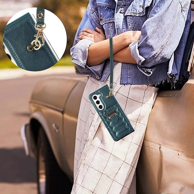 telefono Custodia Per Z Fold 5 Z Fold 4 Z Fold 3 Per retro con cordino con cinturino da polso Slot per schede Retrò TPU pelle sintetica del 2025 a $23.99 –P1