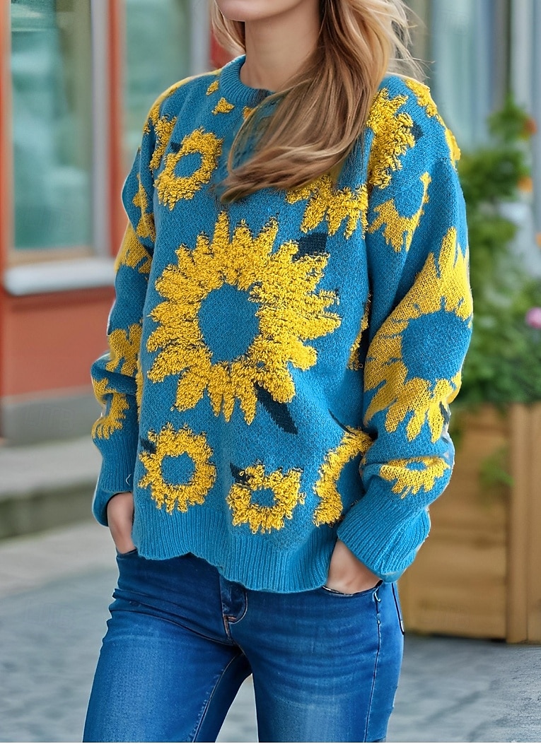 Women's Sweater Pullover Sweater Jumper Casual Soft Floral Ribbed Crew Neck Knitted Long Sleeve Regular Tops Knit Outdoor Daily Weekend Black Blue Fall Winter 2025 - $52.99 –P5