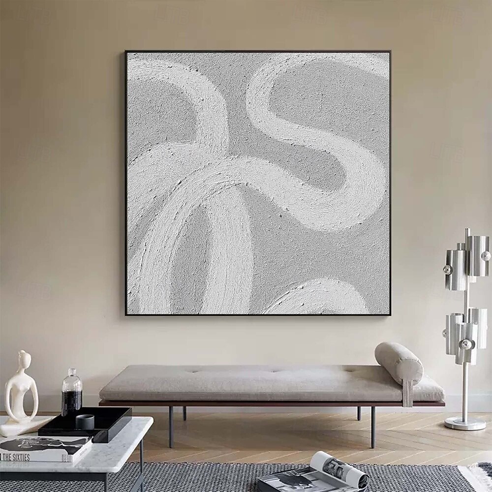 handgemaltes weiß-graues Strukturgemälde übergroßes 3D-handgefertigtes abstraktes geometrisches Wandkunstgemälde großes minimalistisches grau-weißes Strukturgemälde für 2025 - $133.99 –P3