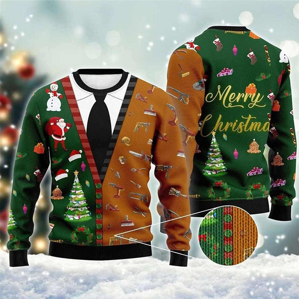 hässlicher Weihnachtspullover Herrenpullover Weihnachtsmann Buchstaben Pullover Strickmuster Silvesterpullover Outdoor Alltag Langarm Rundhals Herbst Winter Grün S M L 2025 - $37.99 –P1