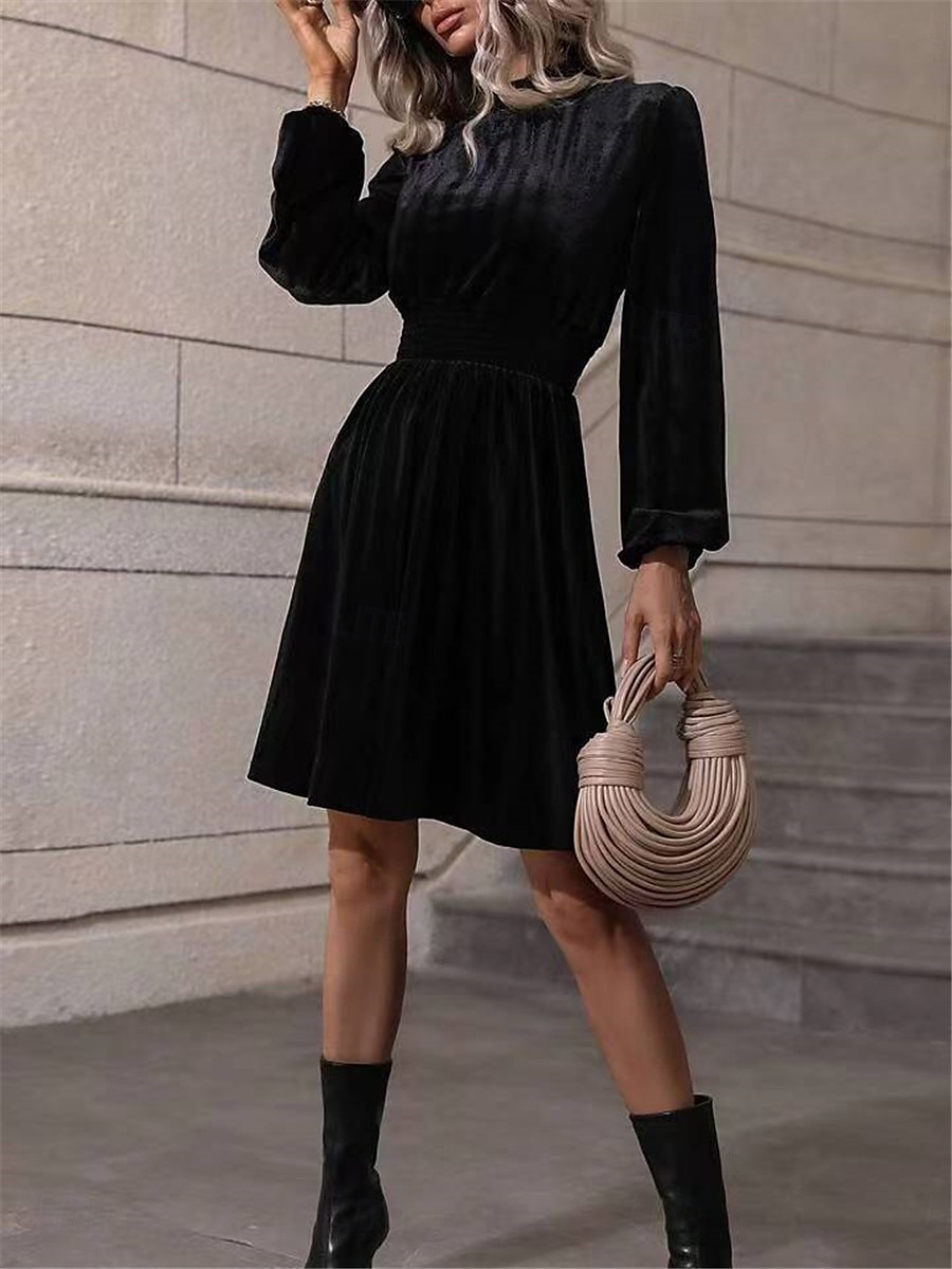 Women's Velvet Dress High Neck Long Sleeve Cinched Waistline Elegant Green Knee-Length Festive Party Wear Winter Clothing Apparel 2025 - $42.99 –P7