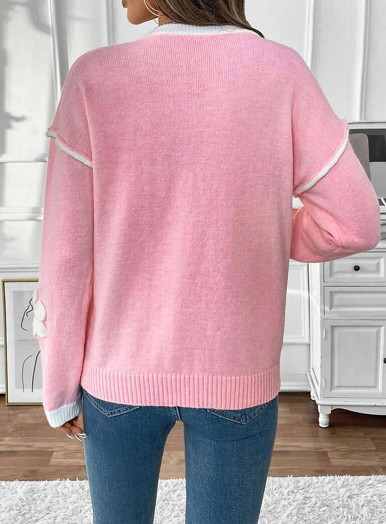 Women's Sweater Crew Neck Knit Embroidery Spring Fall Elegant 3/4 Length Sleeve Solid Color Pink 2025 - $61.99 –P2